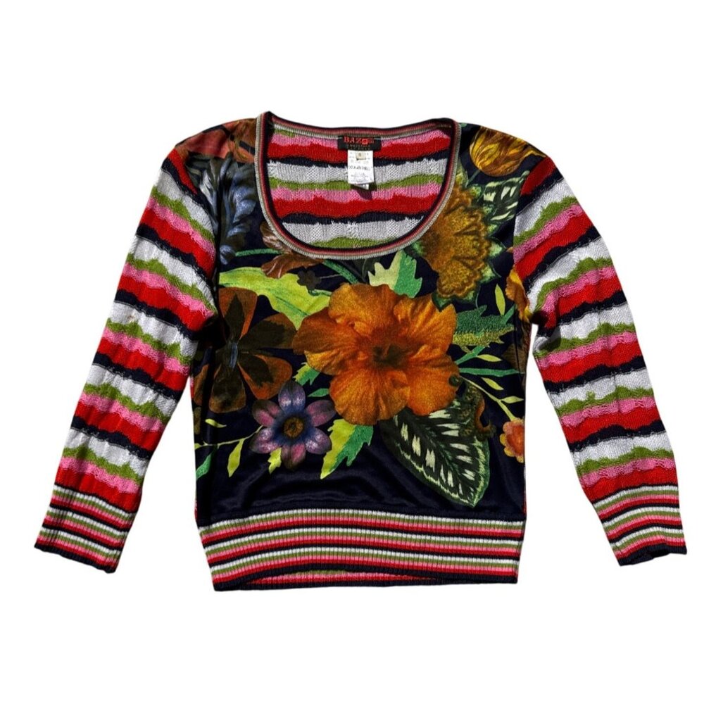 Bazaar Christian Lacroix Womens Knit Sweater Size S Multicolor Floral & Striped